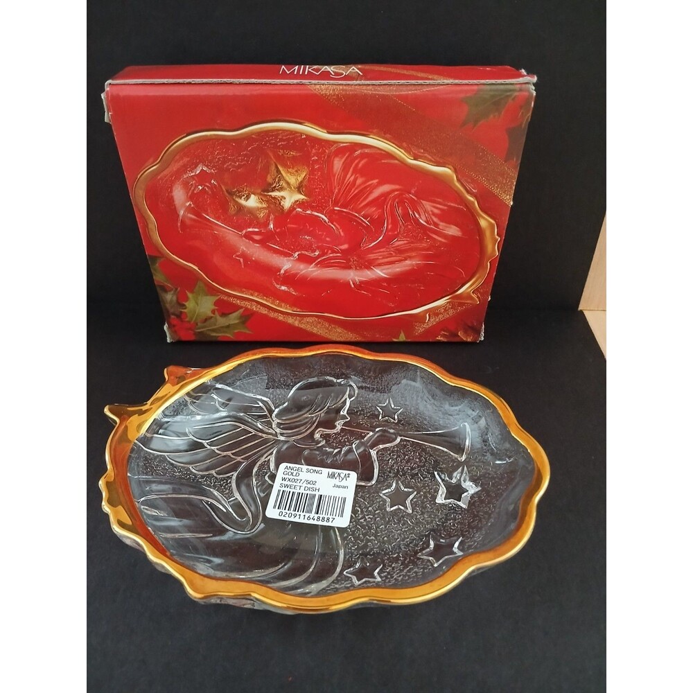 NEW Mikasa Angel Song Gold Sweet Dish Glass Christmas Holiday Decoration